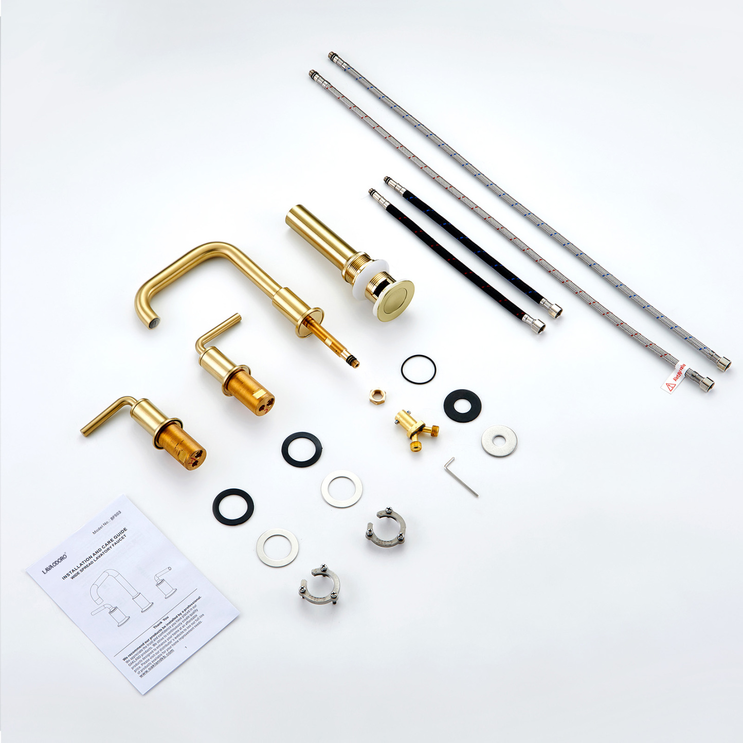 3 Hole Bathroom Faucet with Drain Assembly, Brushed Gold, BF503, Lava Odoro