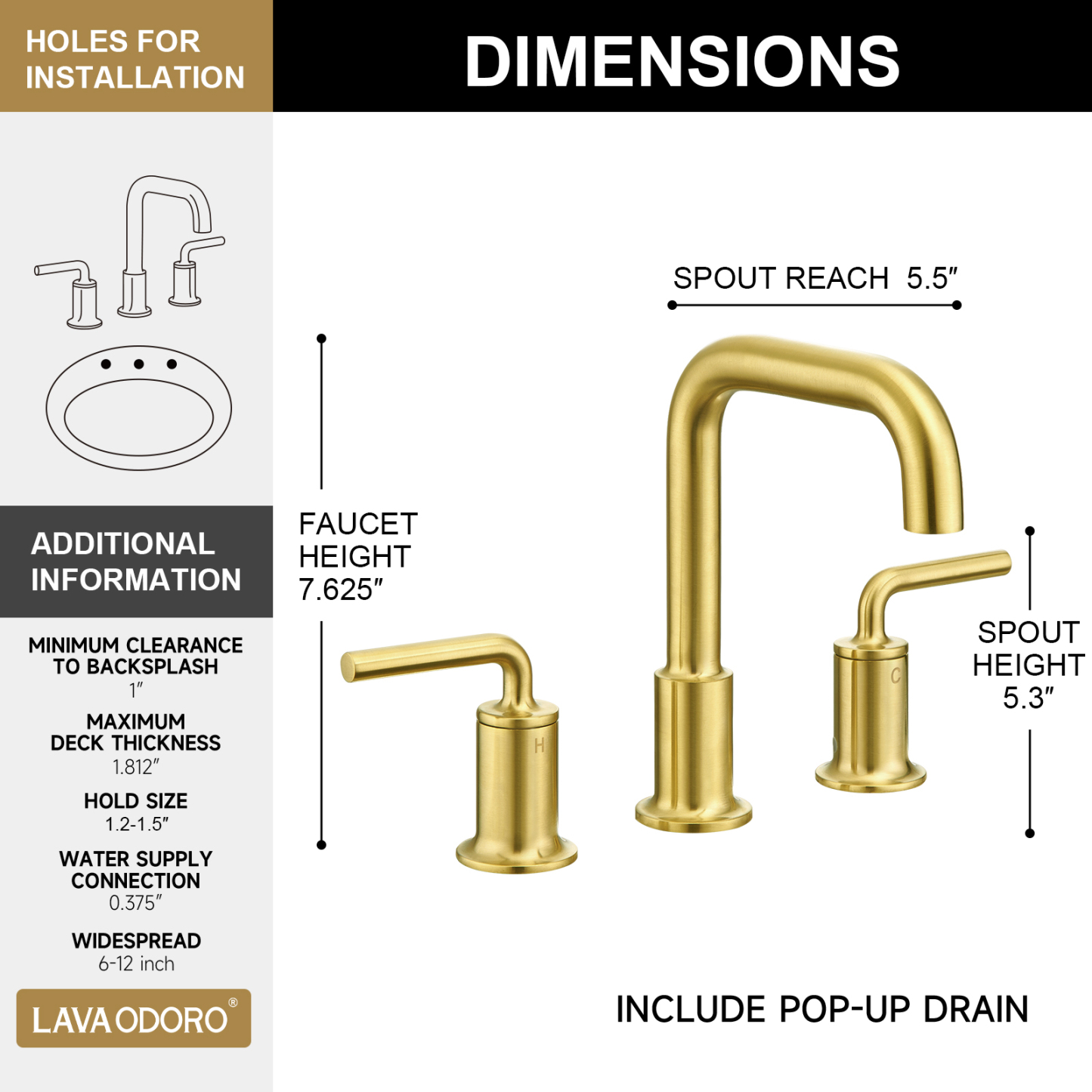 3 Hole Bathroom Faucet with Drain Assembly, Brushed Gold, BF503, Lava Odoro
