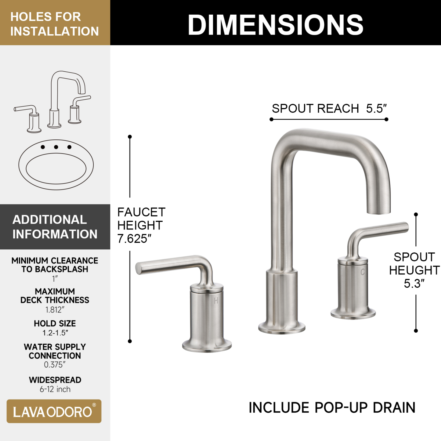 3 Hole Bathroom Faucet with Drain Assembly, Brushed Nickel, BF503, Lava Odoro