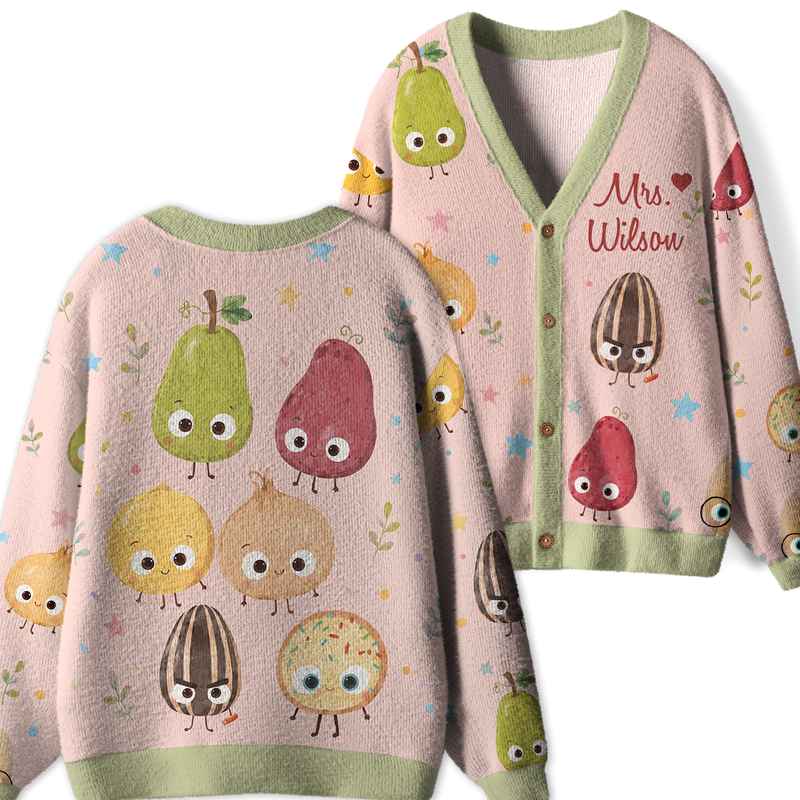 Personalized Name Happy Fruits Teacher Ugly Cardigan Sweaters