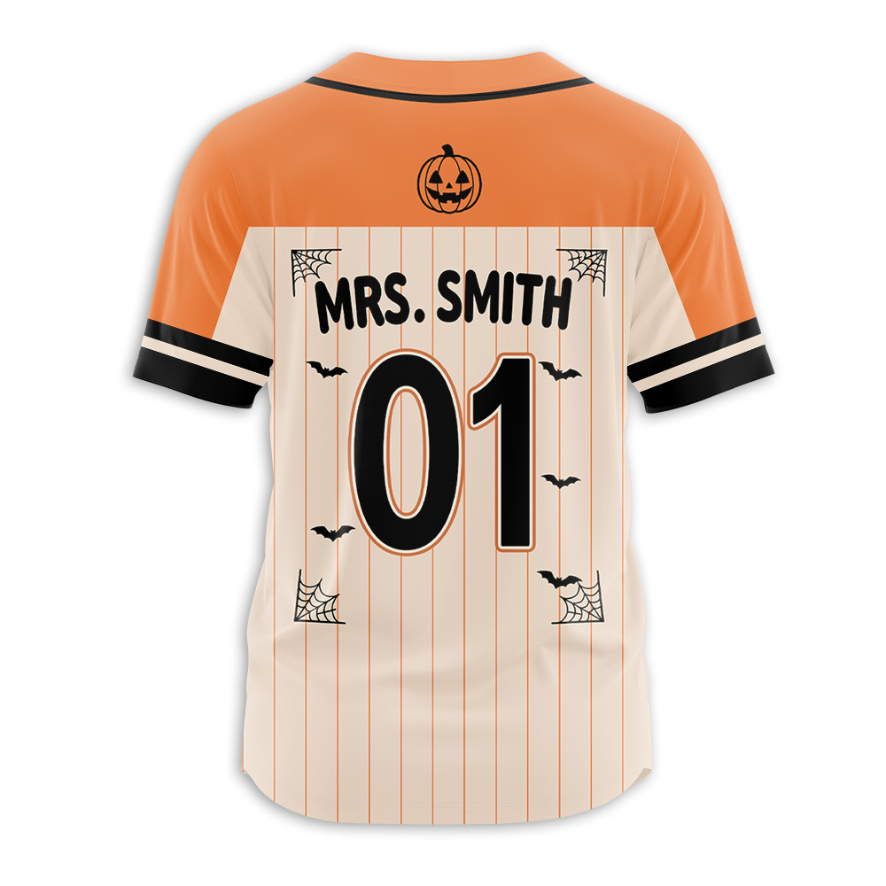Personalized Grade Name Halloween Pumpkin Bat Teacher Baseball Jersey