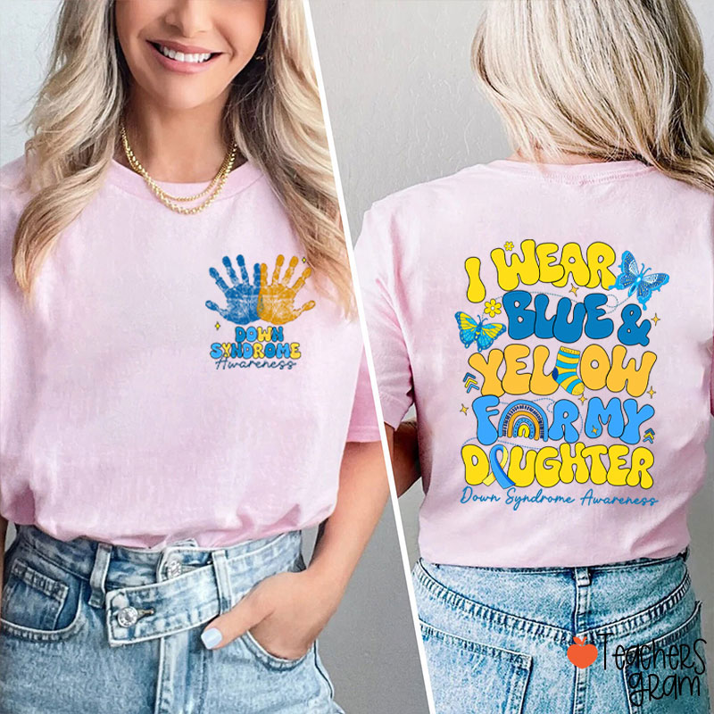 Personalized I Wear Blue Yellow Down Syndrome Awareness Teacher Two Sided T-Shirt