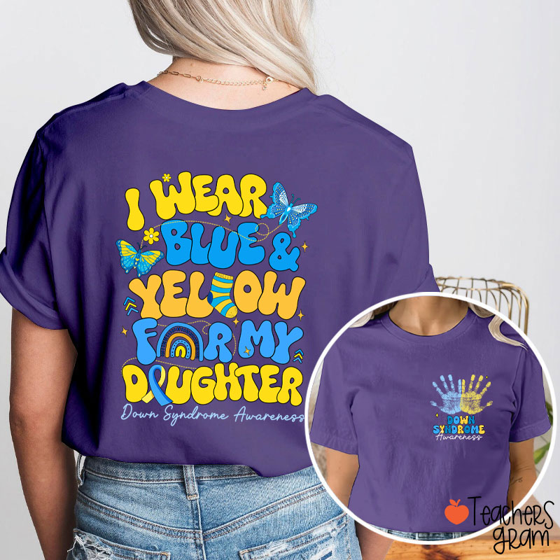 Personalized I Wear Blue Yellow Down Syndrome Awareness Teacher Two Sided T-Shirt