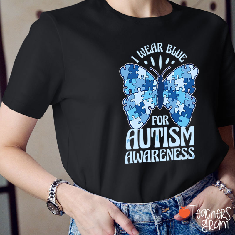 Butterfly Puzzle I Wear Blue For Autism Awareness Teacher T-Shirt