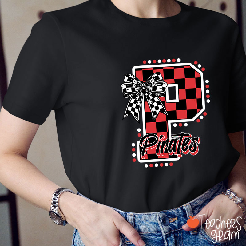Personalized Mascot Checkered Print Teacher T-Shirt