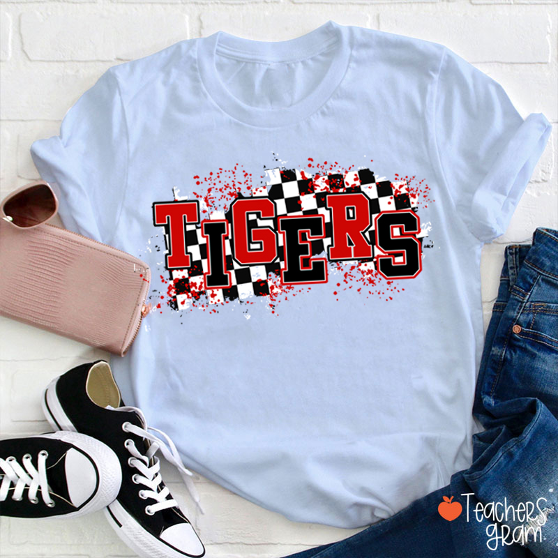Personalized Mascot School Spirit Checkered Print Teacher T-Shirt
