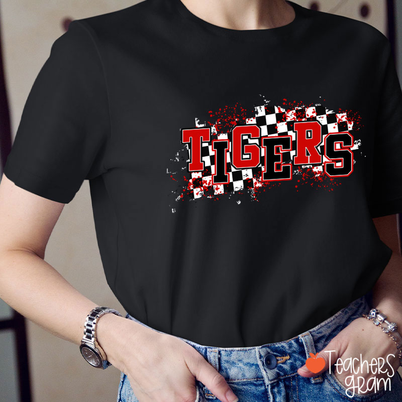 Personalized Mascot School Spirit Checkered Print Teacher T-Shirt
