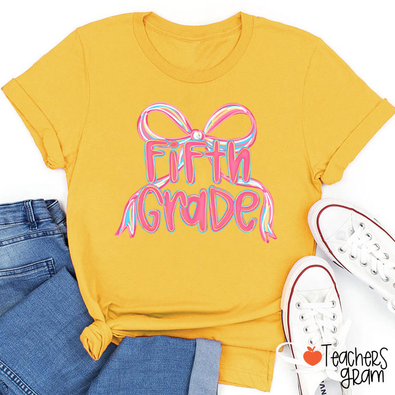 Personalized Grade Pink Bow Teacher T-Shirt