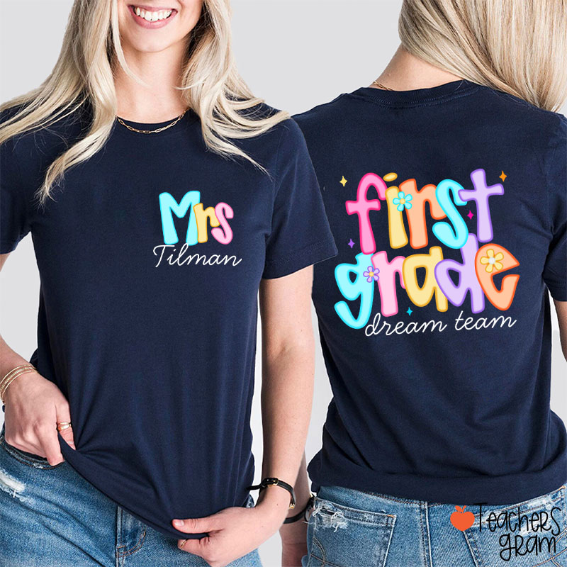 Personalized Grade And Name Candy Color Fonts Teacher Two Sided T-Shirt