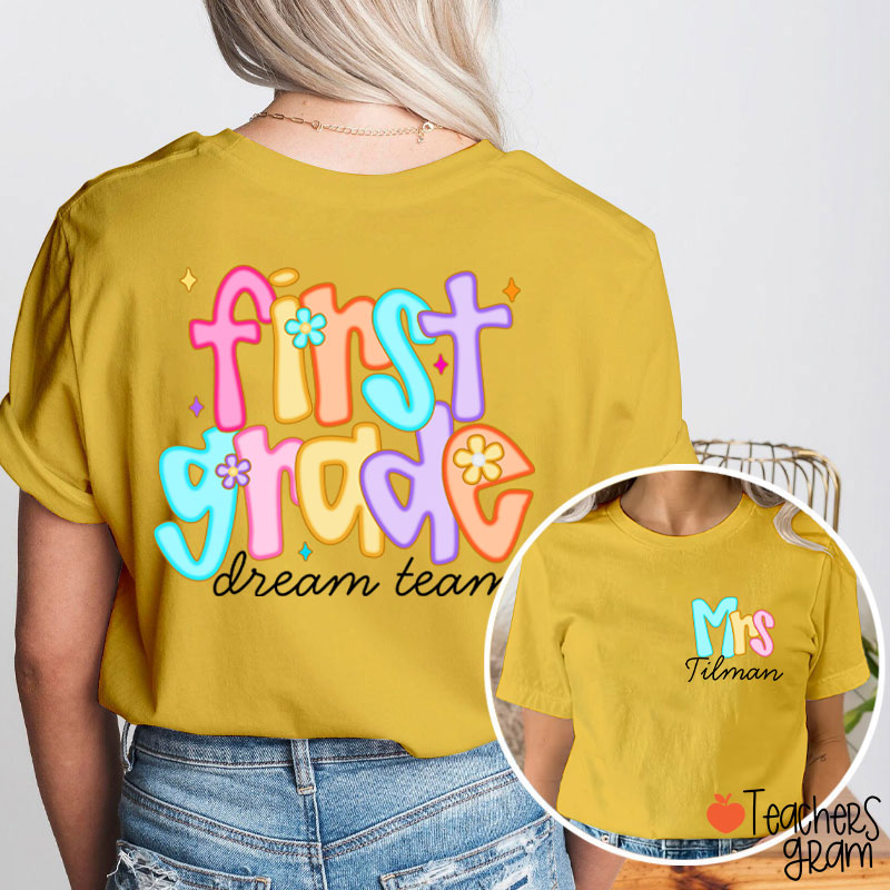 Personalized Grade And Name Candy Color Fonts Teacher Two Sided T-Shirt