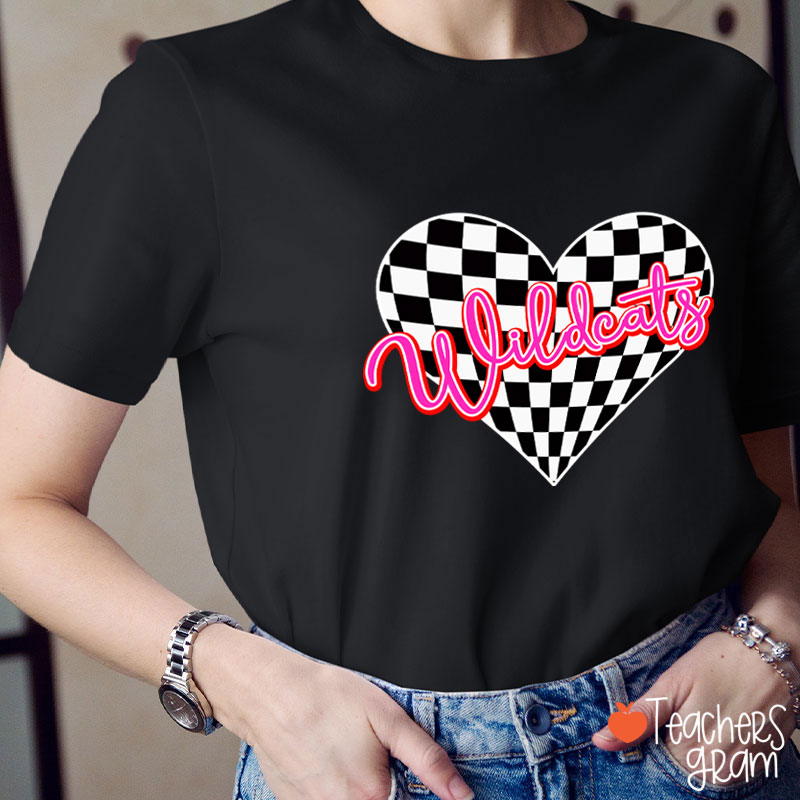 Personalized Mascot Checkerboard Love Heart Teacher T-Shirt