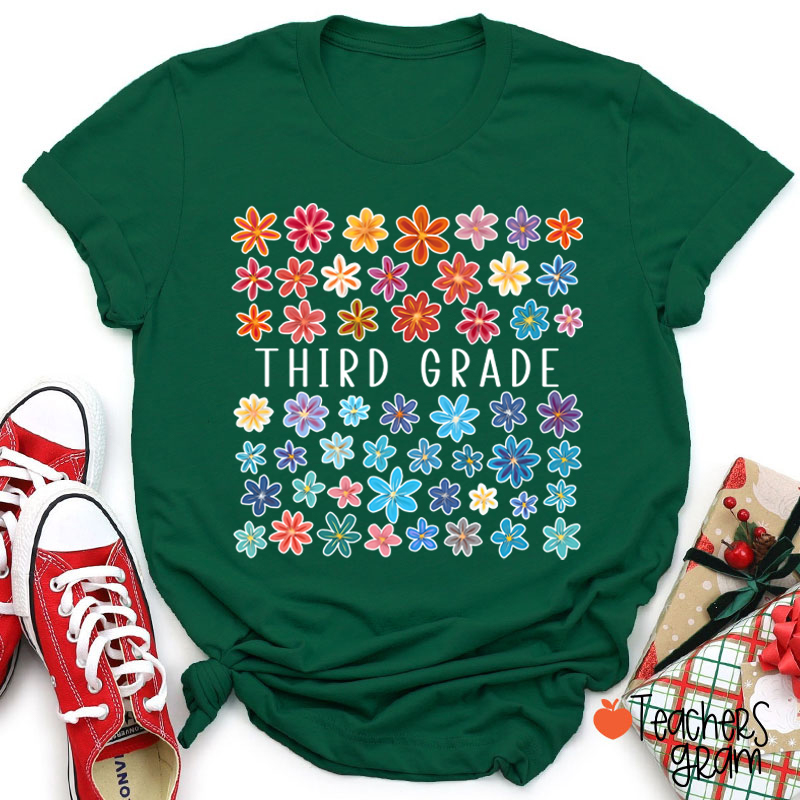 Personalized Grade Colored Flowers Teacher T-Shirt
