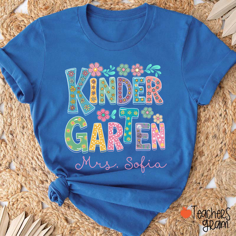 Personalized Name And Grade Flowers Fonts Teacher T-Shirt