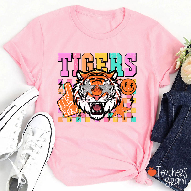 Personalized Starry Eyes Mascot Colored Checkered Teacher T-Shirt