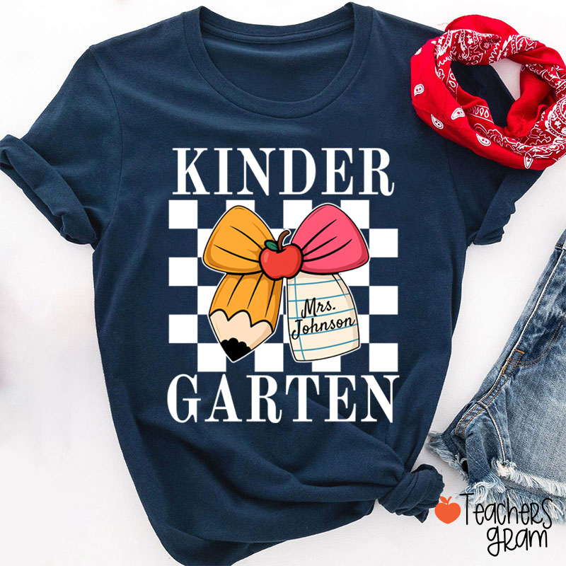 Personalized Grade And Name Pencil Bow Checkered Teacher T-Shirt