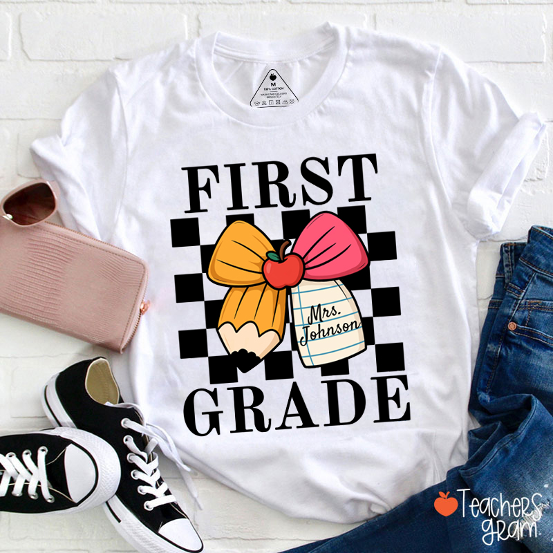 Personalized Grade And Name Pencil Bow Checkered Teacher T-Shirt