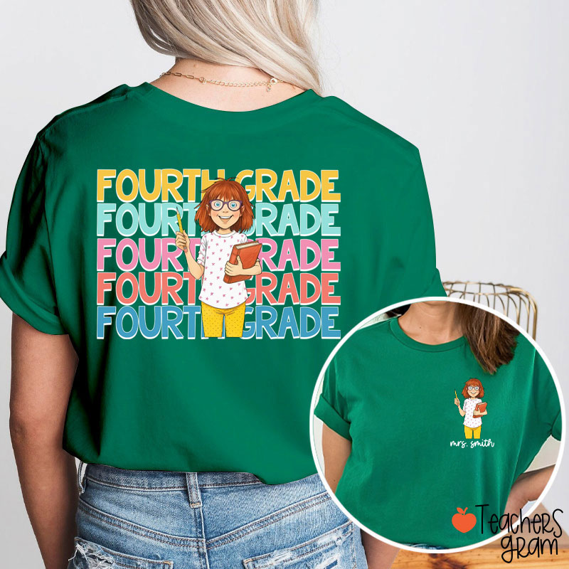 Personalized Grade And Name Cartoon Teacher Reading Teacher Two Sided T-Shirt