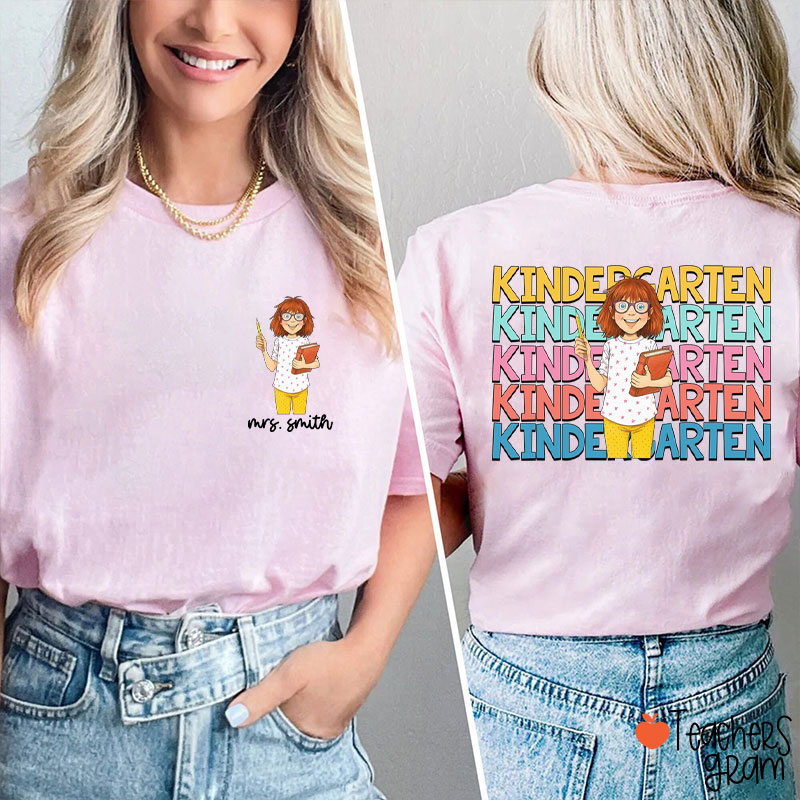 Personalized Grade And Name Cartoon Teacher Reading Teacher Two Sided T-Shirt
