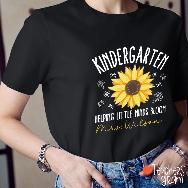 Personalized Grade And Name Helping Little Minds Bloom Teacher T-Shirt
