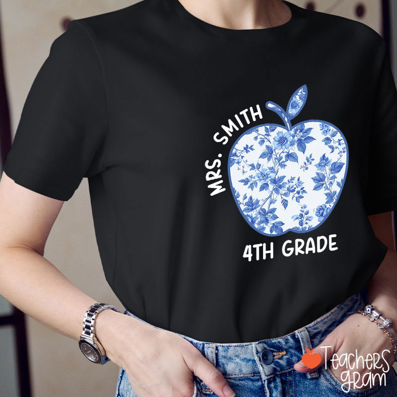 Personalized Grade And Name Blue And White Porcelain Apple Teacher T-Shirt