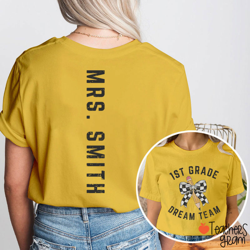 Personalized Grade And Name Checkered Pencil Bow Teacher Two Sided T-Shirt