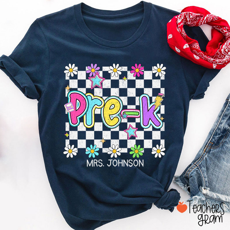 Personalized Name And Grade Checkered Flowers Teacher T-Shirt