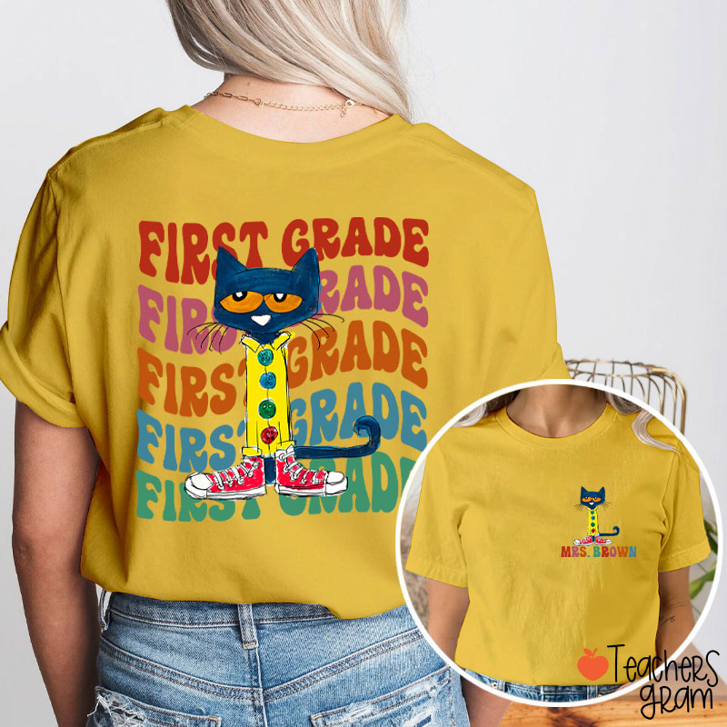 Personalized Name And Grade Cool Blue Cat Teacher Two Sided T-Shirt