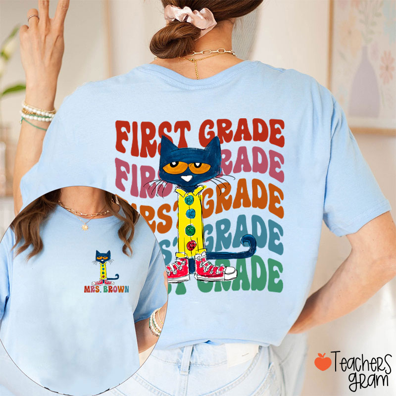 Personalized Name And Grade Cool Blue Cat Teacher Two Sided T-Shirt