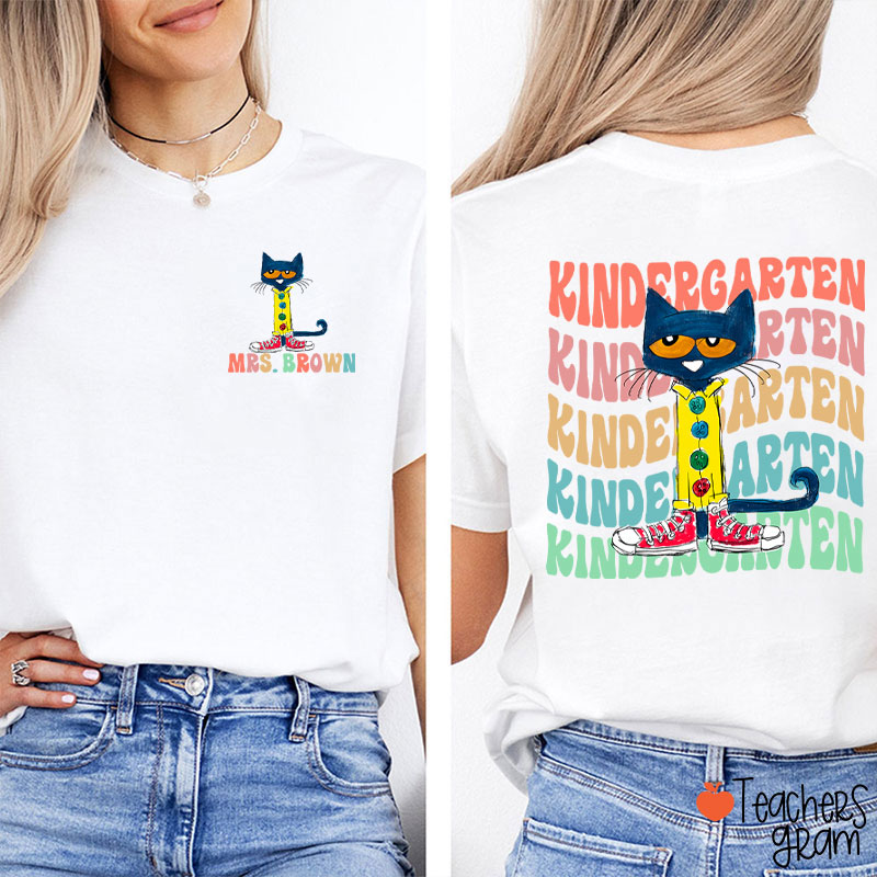 Personalized Name And Grade Cool Blue Cat Teacher Two Sided T-Shirt