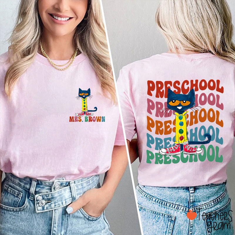 Personalized Name And Grade Cool Blue Cat Teacher Two Sided T-Shirt