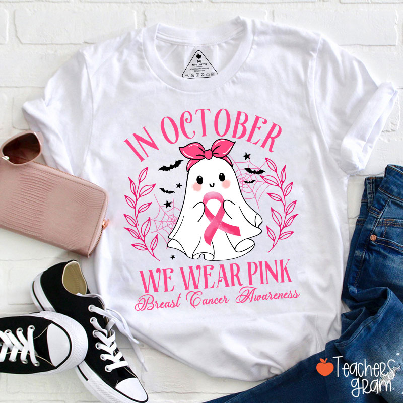 Halloween Ghost Breast Cancer Awareness Teacher T-Shirt
