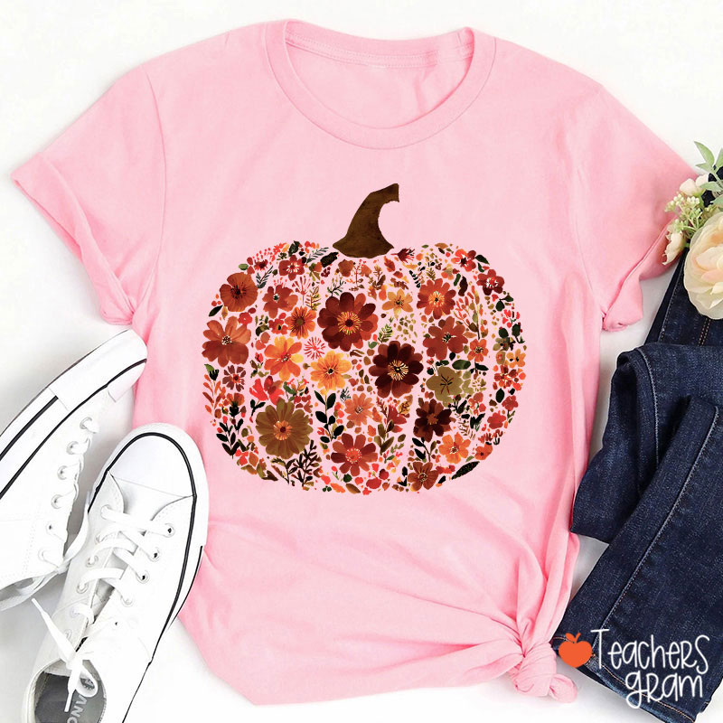 Pumpkin Orange Flowers Grass Teacher T-Shirt