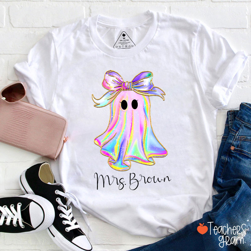 Personalized Name Colorful Neon Bow Ghost Teacher T-Shirt