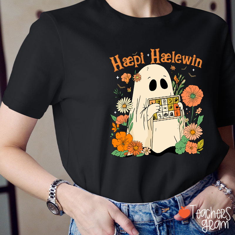 Happy Halloween Ghost With Floral Teacher T-Shirt