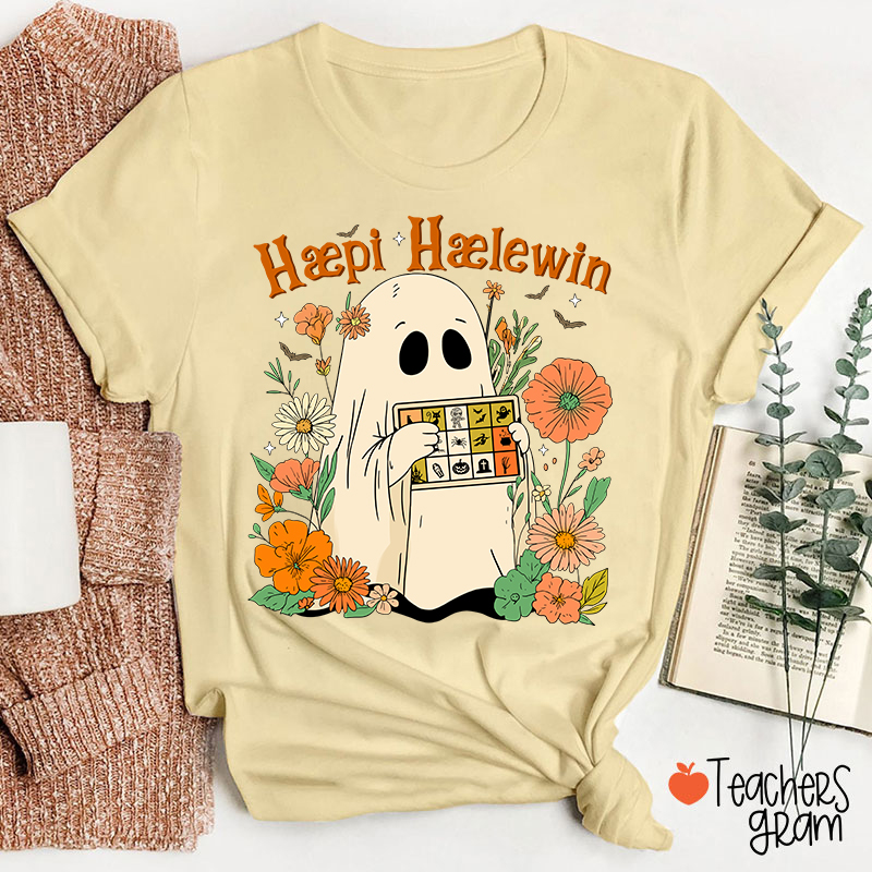 Happy Halloween Ghost With Floral Teacher T-Shirt