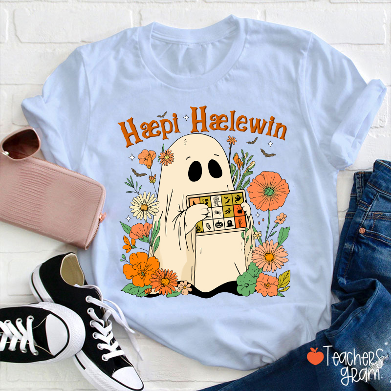 Happy Halloween Ghost With Floral Teacher T-Shirt