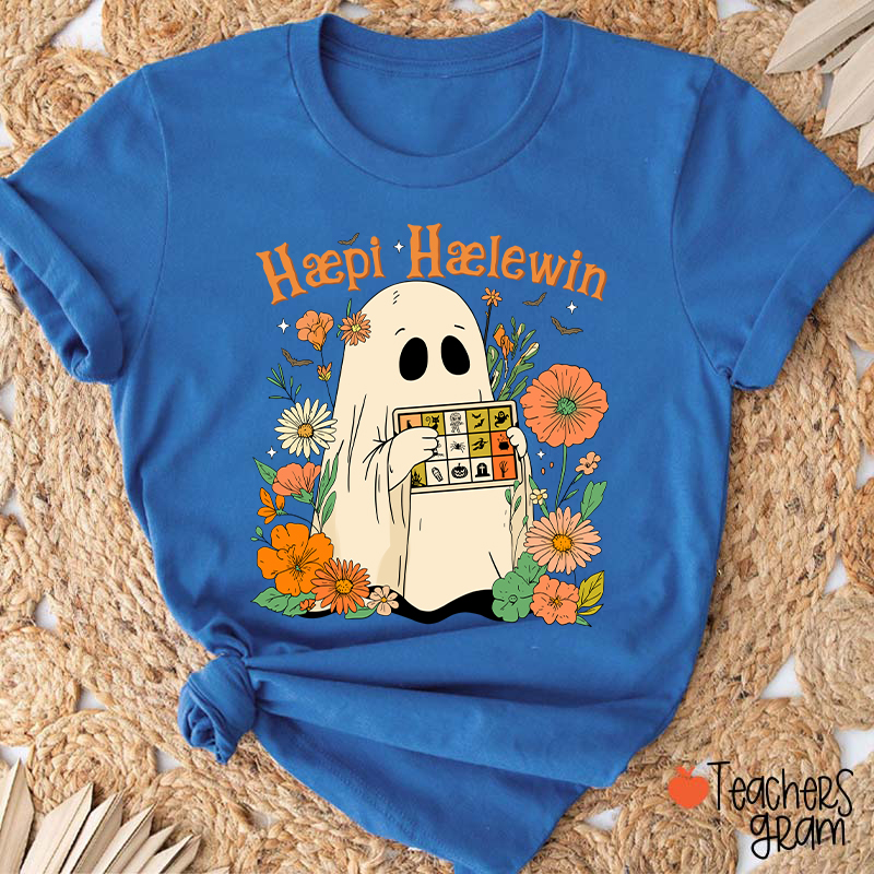 Happy Halloween Ghost With Floral Teacher T-Shirt