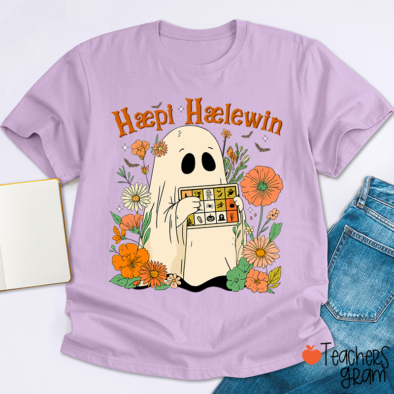 Happy Halloween Ghost With Floral Teacher T-Shirt
