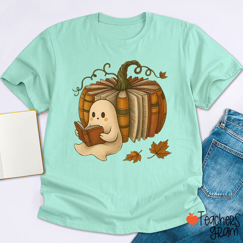 Ghost Reading Book Pumpkin Teacher T-Shirt