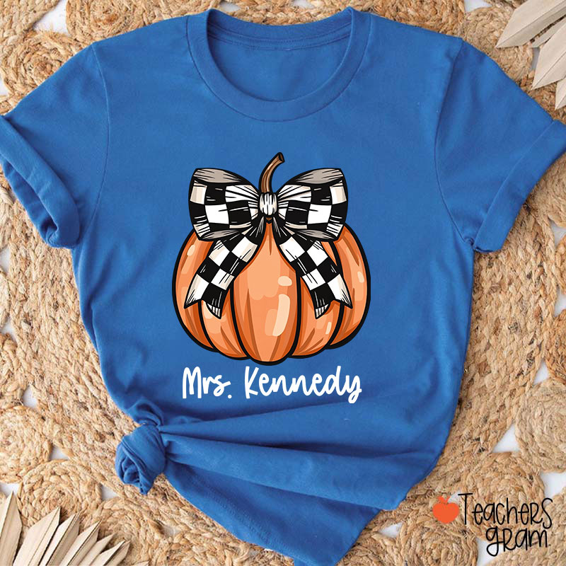 Personalized Name Pumpkin Bow Teacher T-Shirt