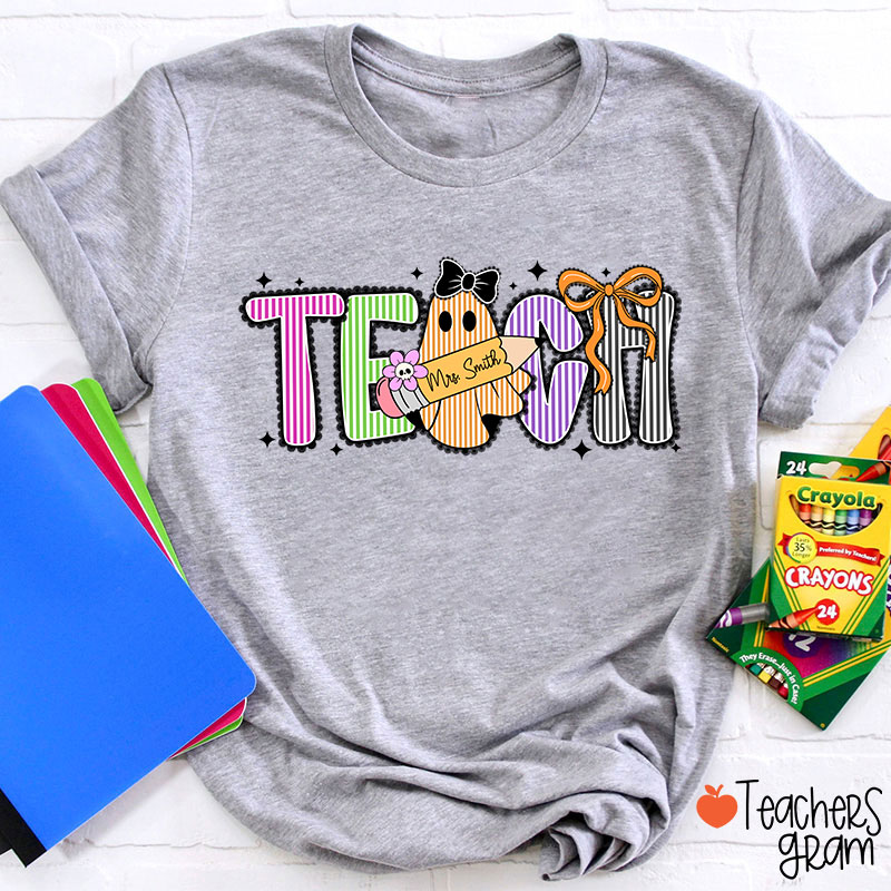 Personalized Name Preppy Teach Boo Ghost Coquette Teacher T-Shirt