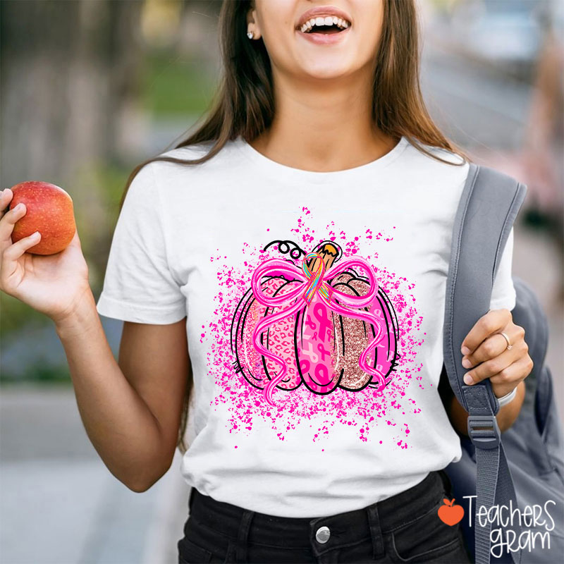 Pumpkin Theme Pink Ribbon Teacher T-Shirt