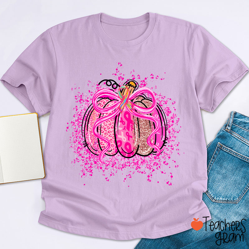 Pumpkin Theme Pink Ribbon Teacher T-Shirt