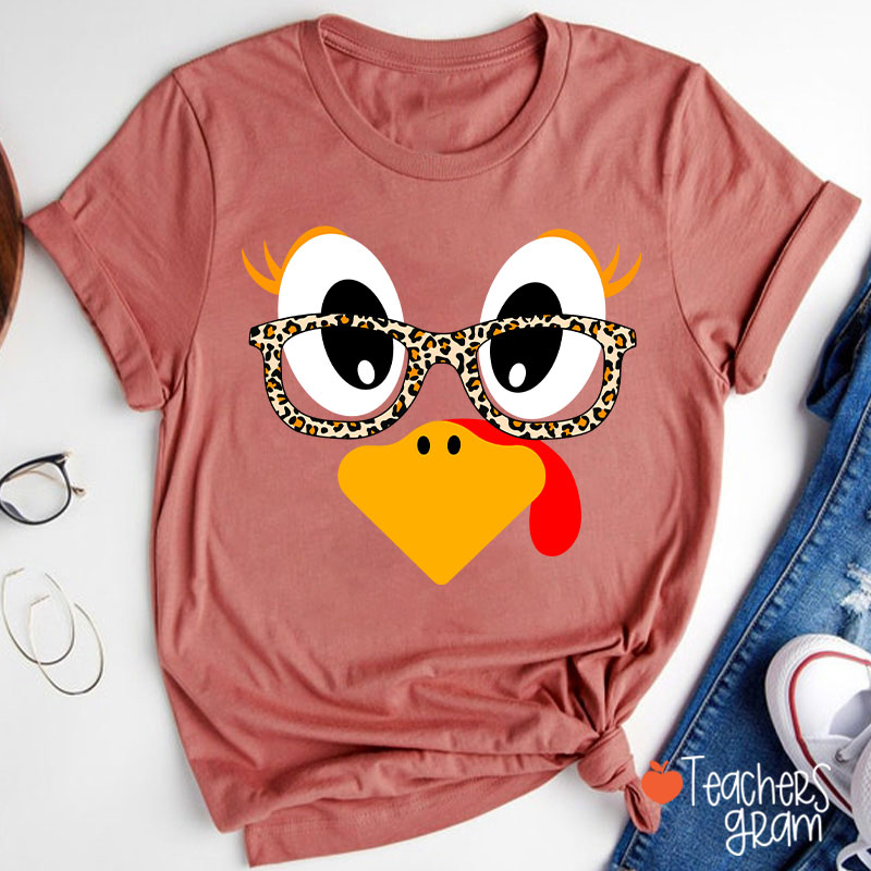 Turkey With Leopard Print Glasses Teacher T-Shirt