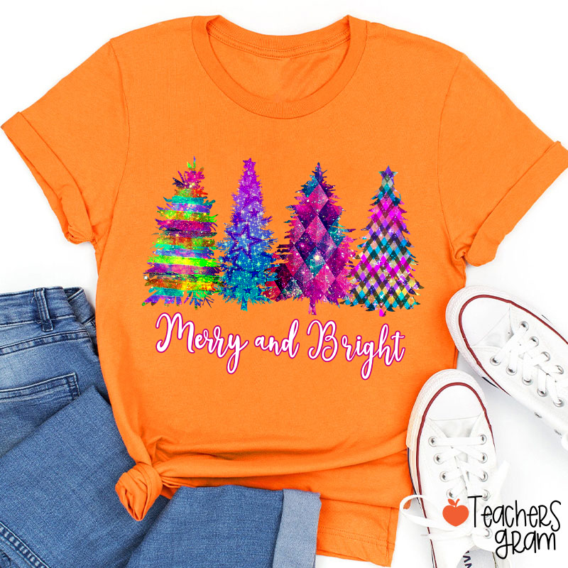 Merry And Bright Colorful Christmas Tree Teacher T-Shirt