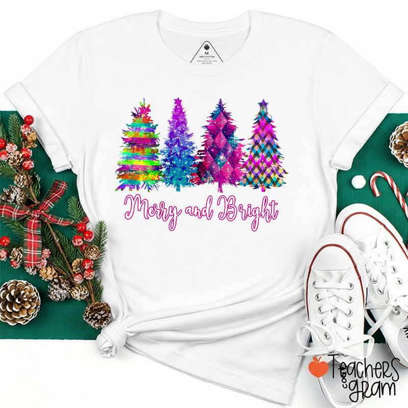 Merry And Bright Colorful Christmas Tree Teacher T-Shirt