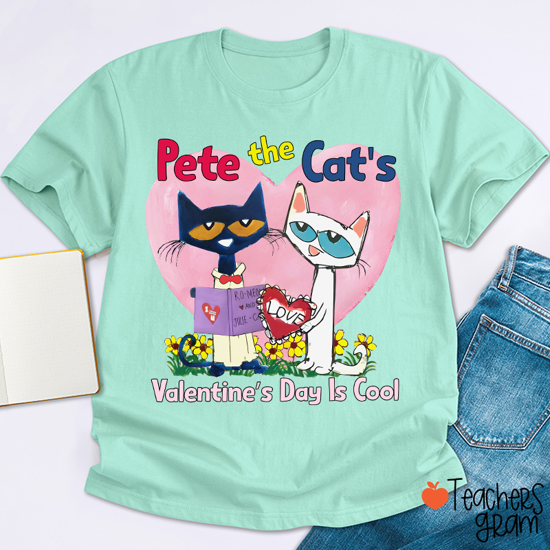 Blue And White Cat Valentine's Day Is Cool Teacher T-Shirt