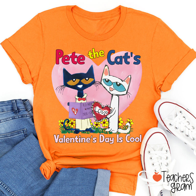 Blue And White Cat Valentine's Day Is Cool Teacher T-Shirt