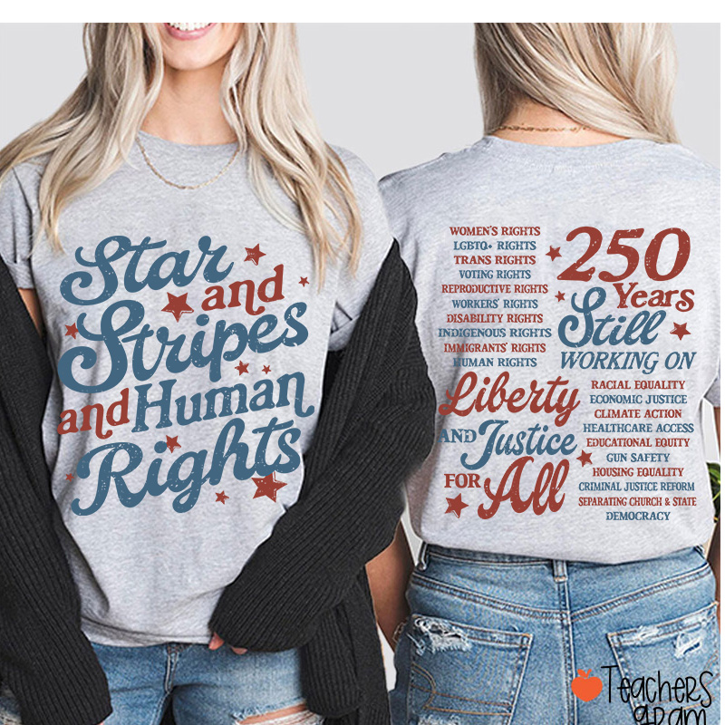 Star And Stripes And Human Rights Teacher Two Sided T-Shirt