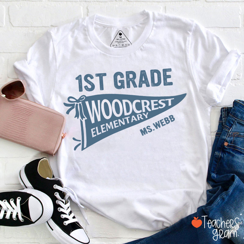 Personalized Grade And School Name Pennant Teacher T-Shirt